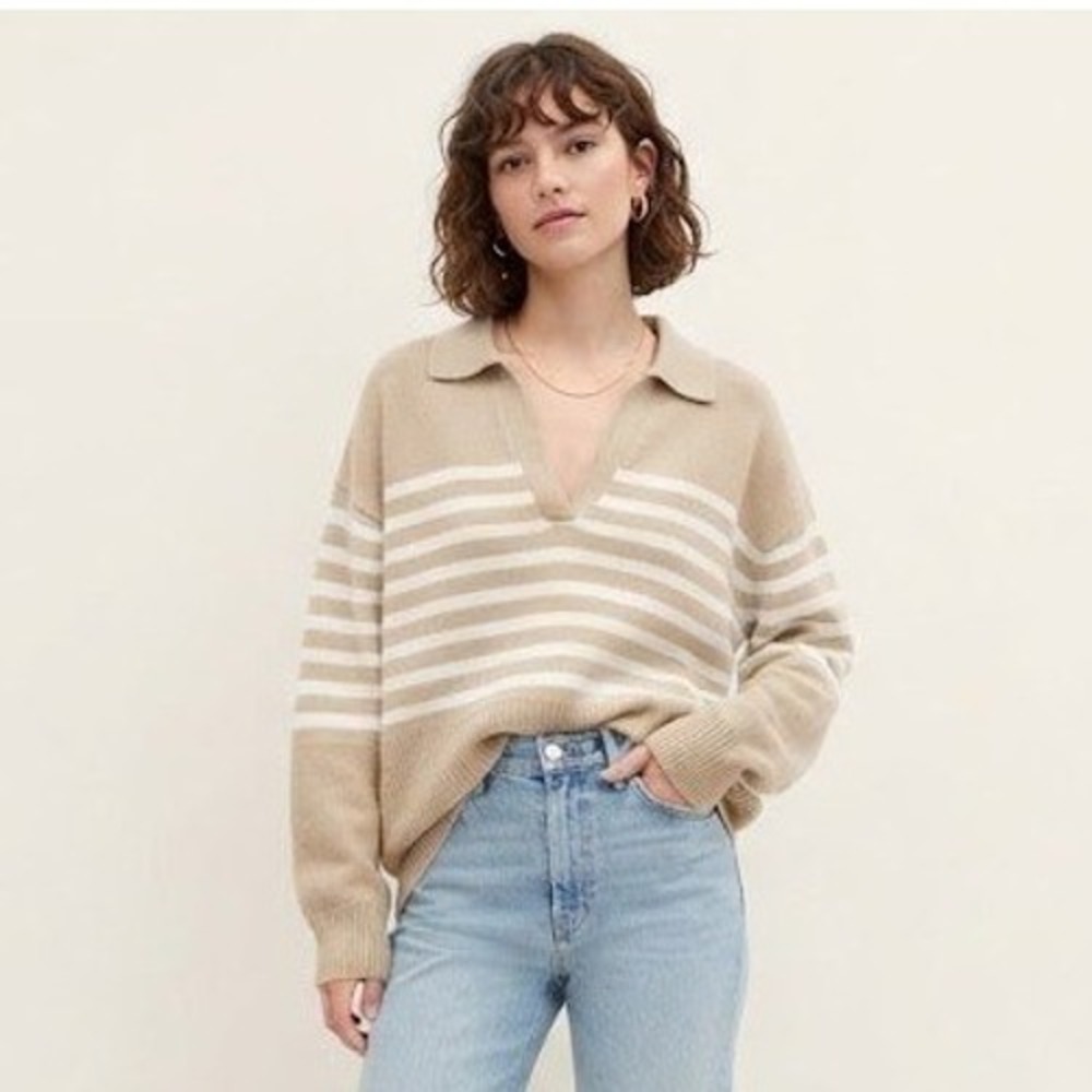 Gap 24/7 Cotton Collared Sweater Women L Cobblestone Striped V-Neck Old Money